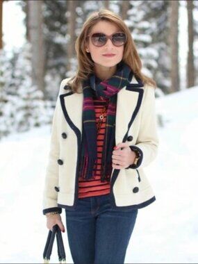 J. Crew Cream Pea Coat with Navy Trim
